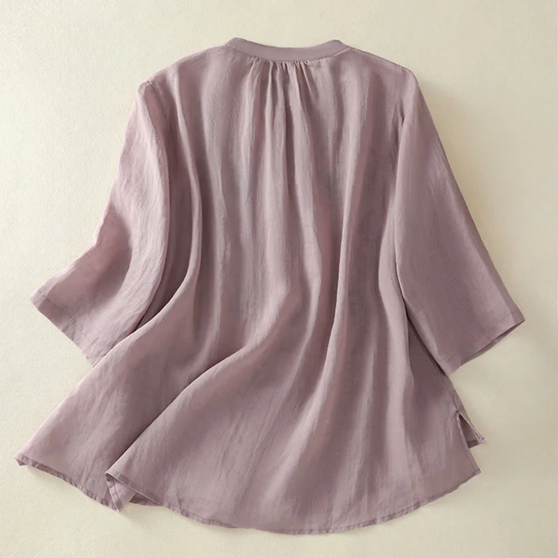 Buddha Stones Camicia da donna in cotone con colletto rialzato, maniche a tre quarti, spacchi laterali e design plissettato ricamato - Image 9