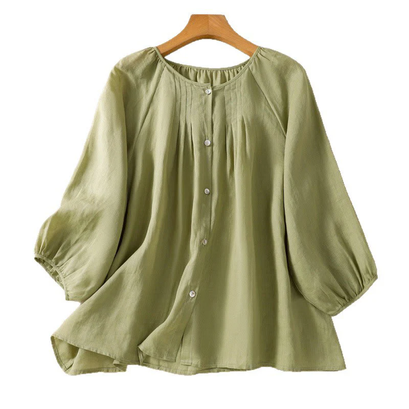 Buddha Stones Camicia da donna in cotone con maniche a tre quarti e scollo rotondo con bottoni semplici - Image 12