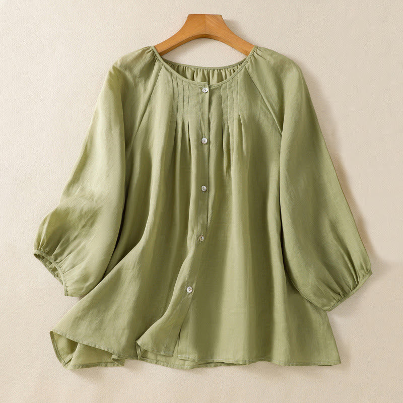Buddha Stones Camicia da donna in cotone con maniche a tre quarti e scollo rotondo con bottoni semplici - Image 3