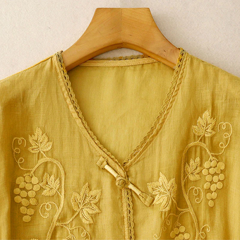 Buddha Stones Camicia da donna in cotone con maniche a tre quarti, motivo a uva ricamata, design in pizzo e bottoni a rana - Image 11