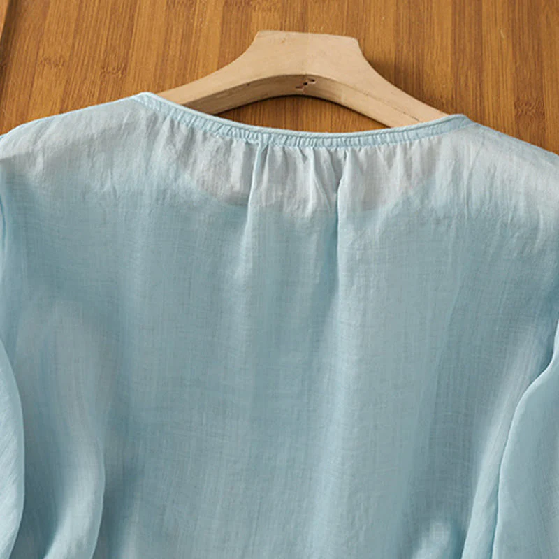 Buddha Stones Camicia da donna in cotone con maniche a tre quarti, scollo rotondo e bottoni ricamati a fiori - Image 29