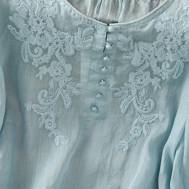 Buddha Stones Camicia da donna in cotone con maniche a tre quarti, scollo rotondo e bottoni ricamati a fiori - Image 31