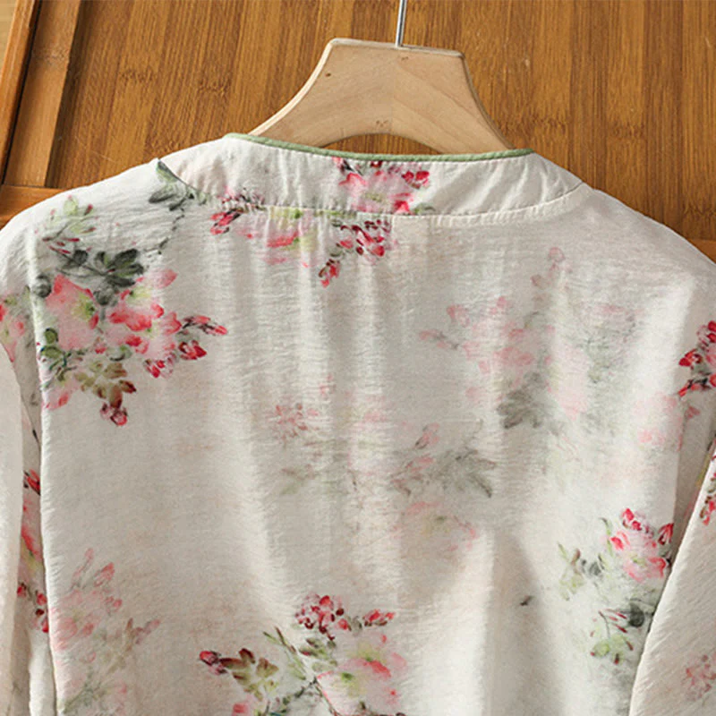 Buddha Stones Camicia da donna in cotone con maniche a tre quarti, stampa floreale, tinta unita, bottoni cinesi a forma di rana - Image 4