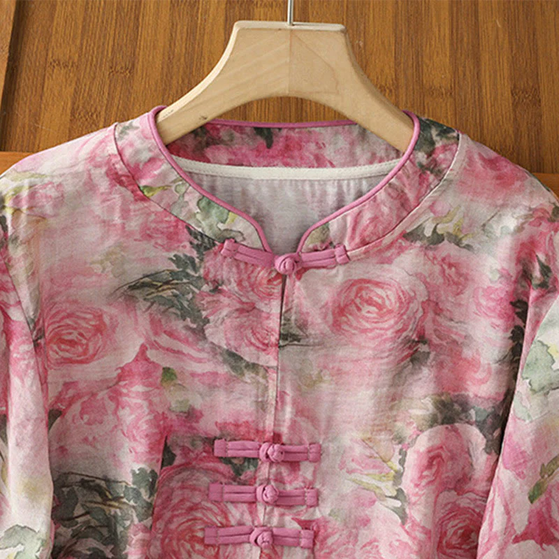 Buddha Stones Camicia da donna in cotone con maniche a tre quarti, stampa floreale, tinta unita, bottoni cinesi a forma di rana - Image 9