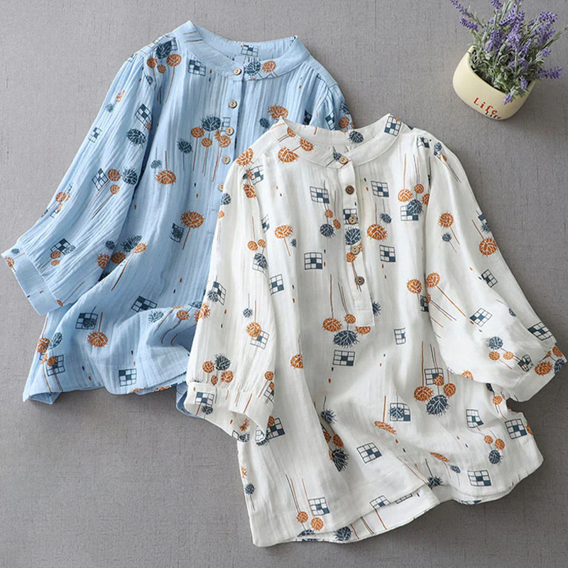 Buddha Stones Camicia da donna in cotone con maniche arricciate a tre quarti e design con bottoni stampati - Image 19