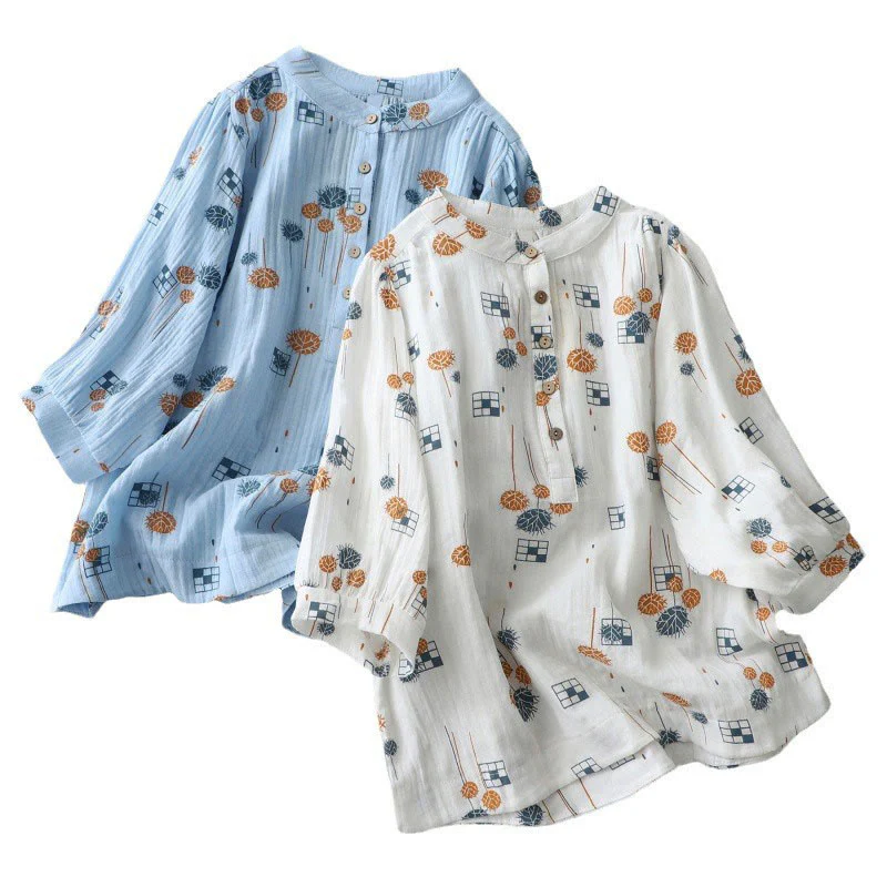 Buddha Stones Camicia da donna in cotone con maniche arricciate a tre quarti e design con bottoni stampati - Image 22