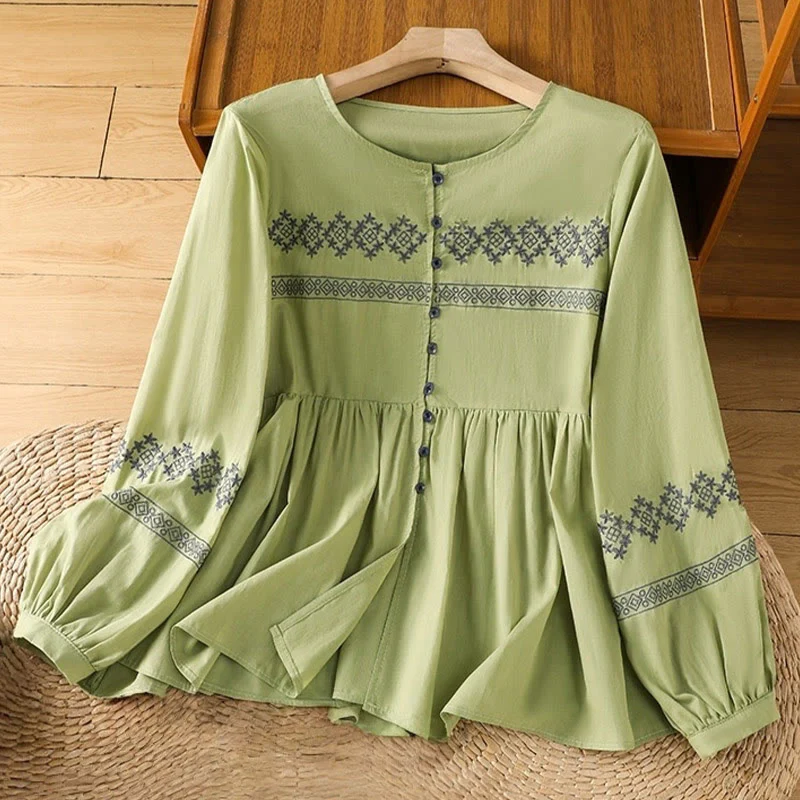 Buddha Stones Camicia da donna in cotone con maniche lunghe a lanterna, bottoni plissettati e ricamo - Image 20