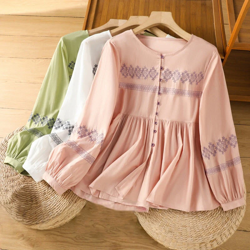 Buddha Stones Camicia da donna in cotone con maniche lunghe a lanterna, bottoni plissettati e ricamo - Image 30