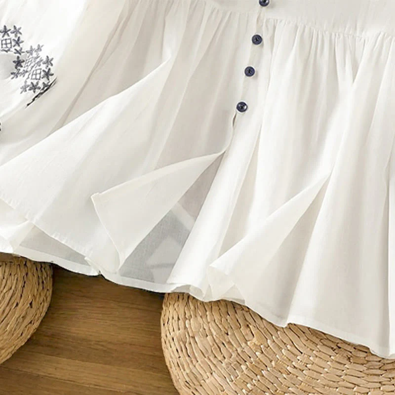 Buddha Stones Camicia da donna in cotone con maniche lunghe a lanterna, bottoni plissettati e ricamo - Image 9