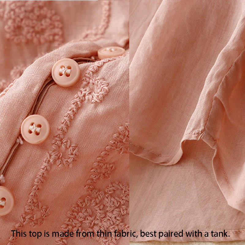 Buddha Stones Camicia da donna in cotone con scollo rotondo, maniche corte, bottoni e ricamo a linea - Image 15