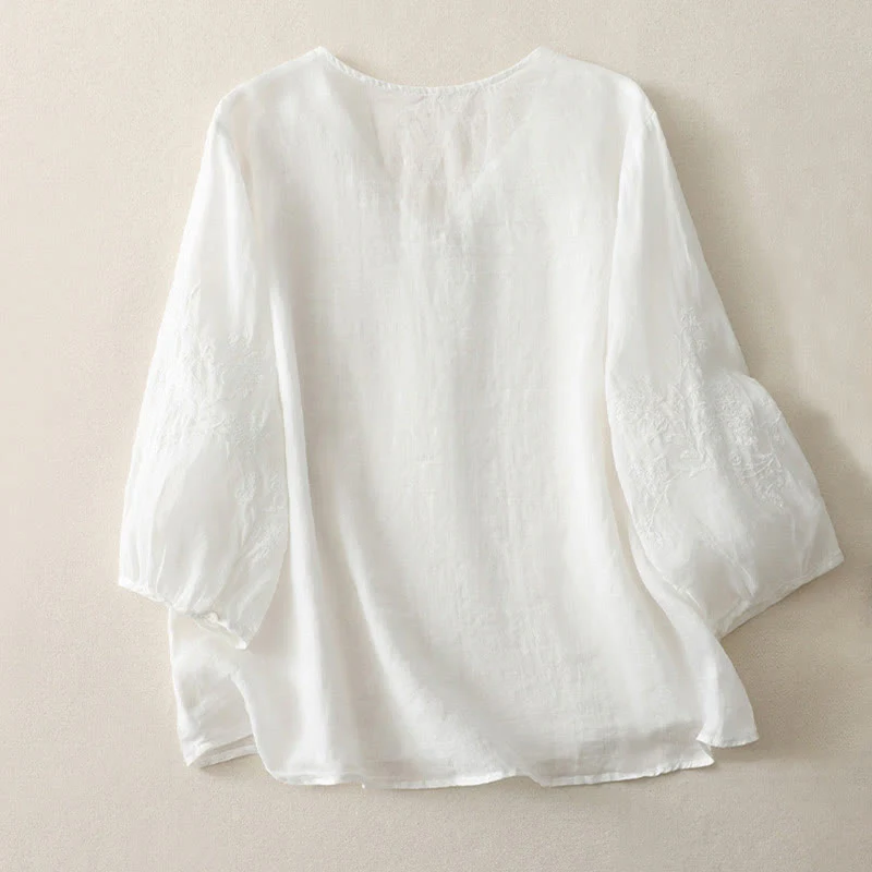 Buddha Stones Camicia da donna in cotone e lino con bottoni ricamati - Image 10