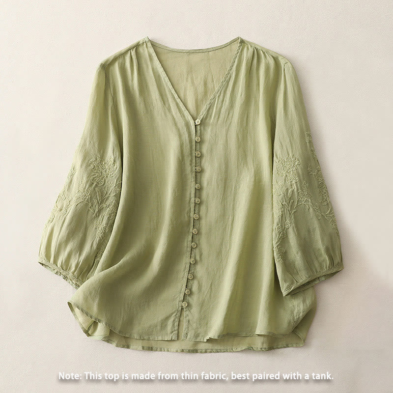 Buddha Stones Camicia da donna in cotone e lino con bottoni ricamati - Image 2