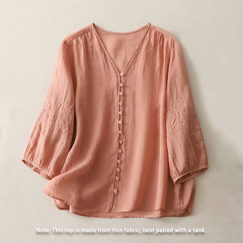 Buddha Stones Camicia da donna in cotone e lino con bottoni ricamati - Image 24
