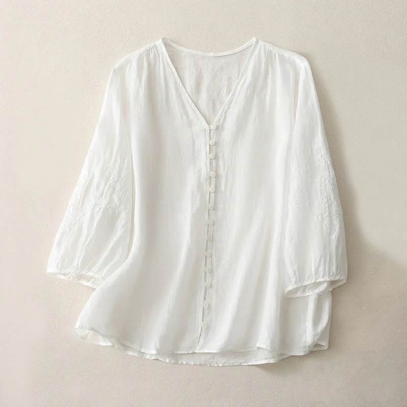 Buddha Stones Camicia da donna in cotone e lino con bottoni ricamati - Image 7