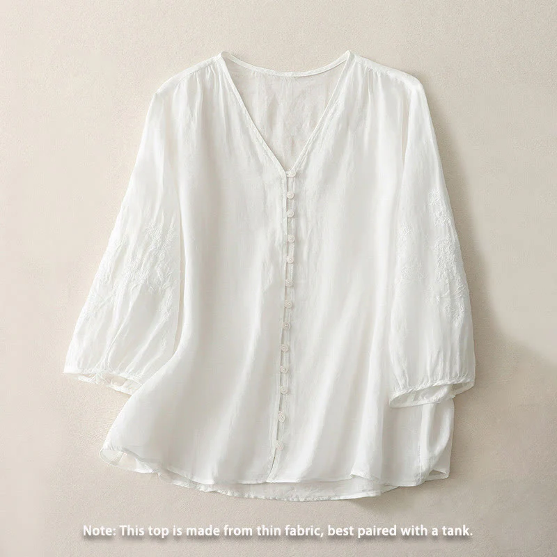 Buddha Stones Camicia da donna in cotone e lino con bottoni ricamati - Image 8