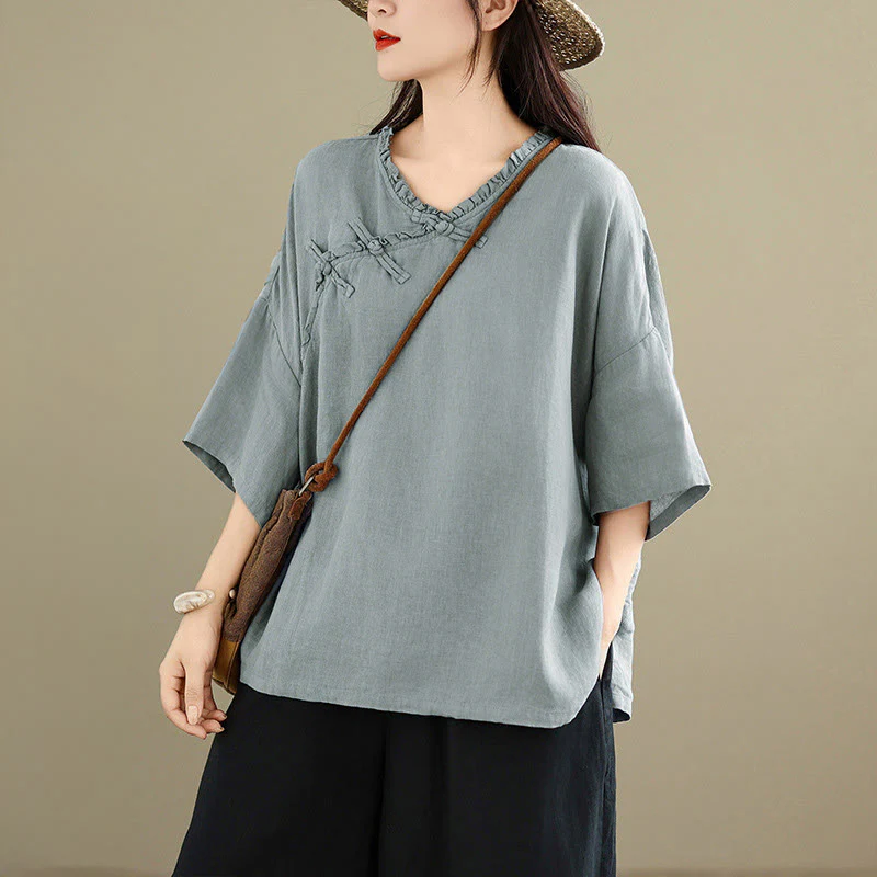 Buddha Stones Camicia da donna in cotone tinta unita con scollo a V, maniche lunghe, bottoni a rana e bottoni a pressione