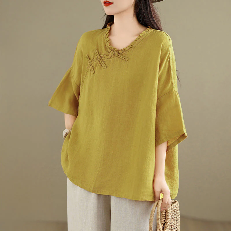 Buddha Stones Camicia da donna in cotone tinta unita con scollo a V, maniche lunghe, bottoni a rana e bottoni a pressione - Image 10