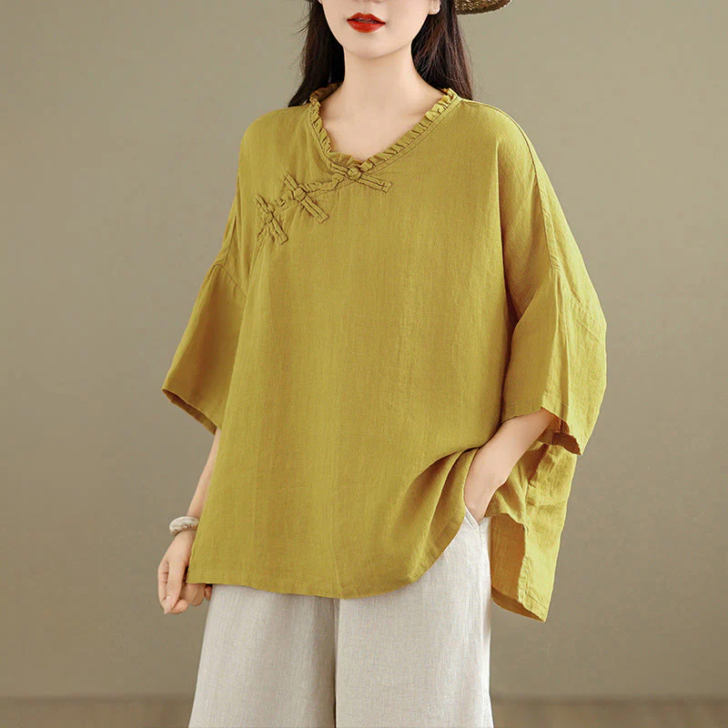 Buddha Stones Camicia da donna in cotone tinta unita con scollo a V, maniche lunghe, bottoni a rana e bottoni a pressione - Image 11