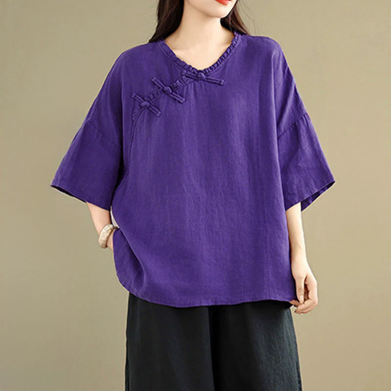 Buddha Stones Camicia da donna in cotone tinta unita con scollo a V, maniche lunghe, bottoni a rana e bottoni a pressione - Image 13