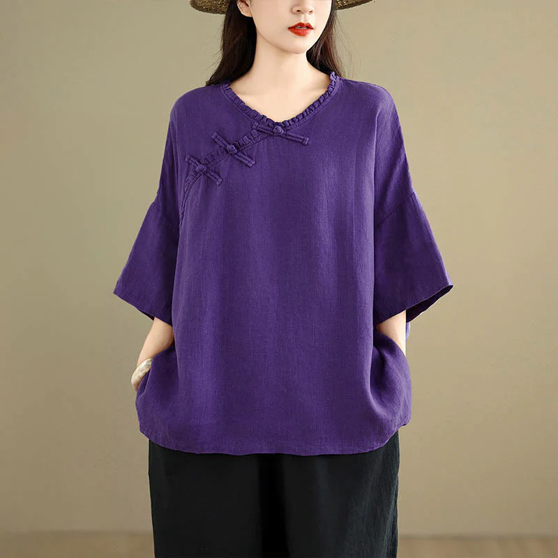 Buddha Stones Camicia da donna in cotone tinta unita con scollo a V, maniche lunghe, bottoni a rana e bottoni a pressione - Image 14