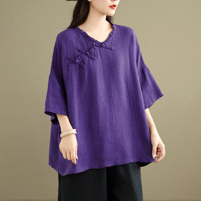 Buddha Stones Camicia da donna in cotone tinta unita con scollo a V, maniche lunghe, bottoni a rana e bottoni a pressione - Image 15