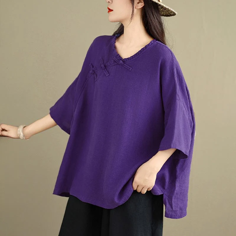 Buddha Stones Camicia da donna in cotone tinta unita con scollo a V, maniche lunghe, bottoni a rana e bottoni a pressione - Image 16