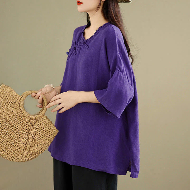 Buddha Stones Camicia da donna in cotone tinta unita con scollo a V, maniche lunghe, bottoni a rana e bottoni a pressione - Image 17