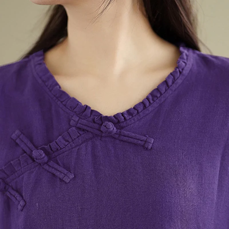 Buddha Stones Camicia da donna in cotone tinta unita con scollo a V, maniche lunghe, bottoni a rana e bottoni a pressione - Image 19