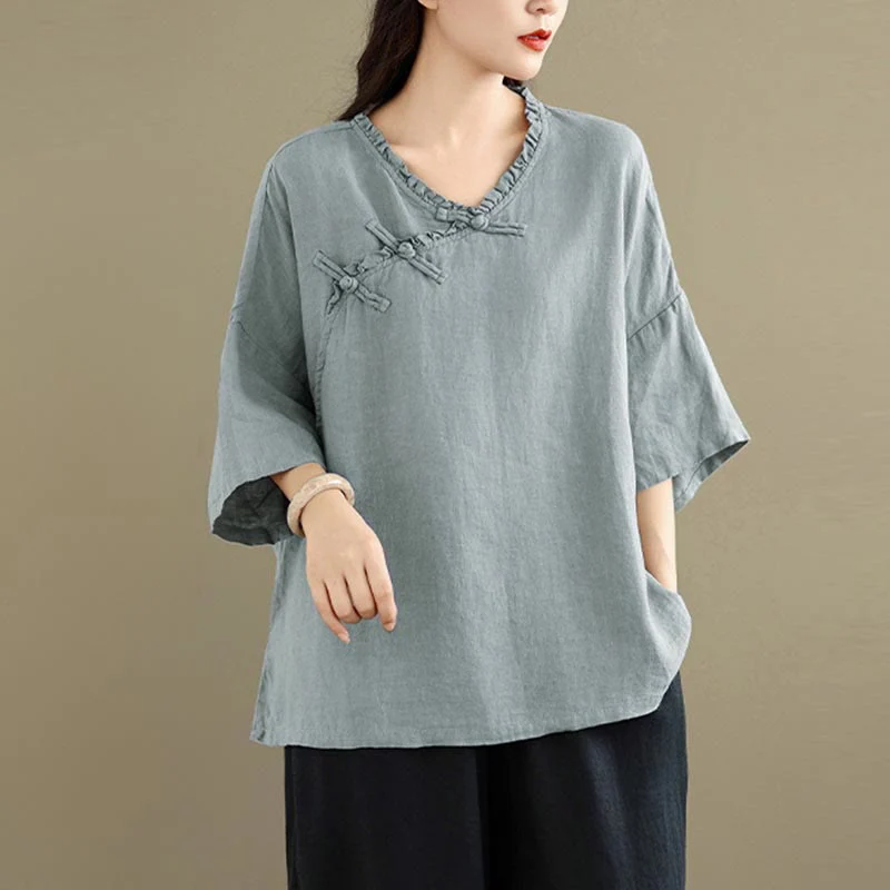Buddha Stones Camicia da donna in cotone tinta unita con scollo a V, maniche lunghe, bottoni a rana e bottoni a pressione - Image 2