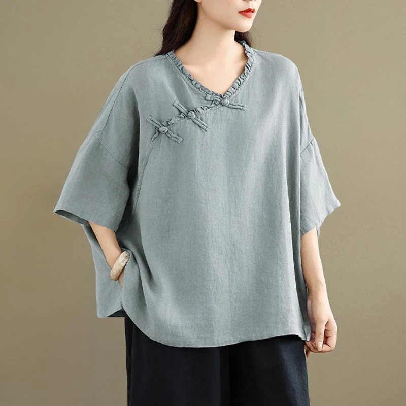 Buddha Stones Camicia da donna in cotone tinta unita con scollo a V, maniche lunghe, bottoni a rana e bottoni a pressione - Image 3
