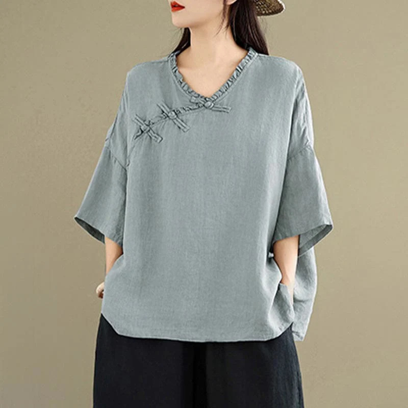 Buddha Stones Camicia da donna in cotone tinta unita con scollo a V, maniche lunghe, bottoni a rana e bottoni a pressione - Image 5