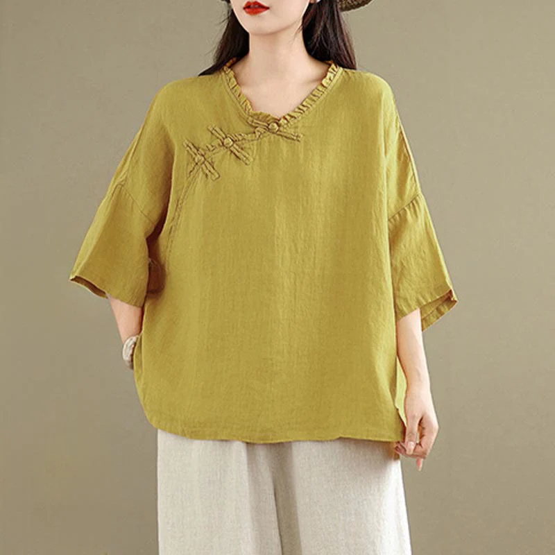 Buddha Stones Camicia da donna in cotone tinta unita con scollo a V, maniche lunghe, bottoni a rana e bottoni a pressione - Image 7