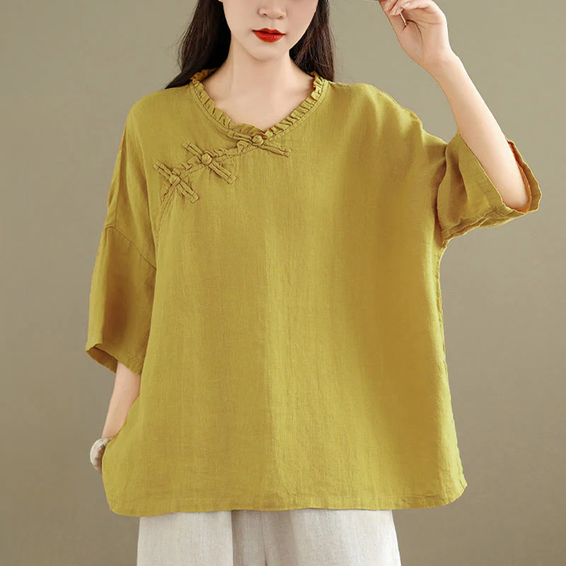 Buddha Stones Camicia da donna in cotone tinta unita con scollo a V, maniche lunghe, bottoni a rana e bottoni a pressione - Image 8