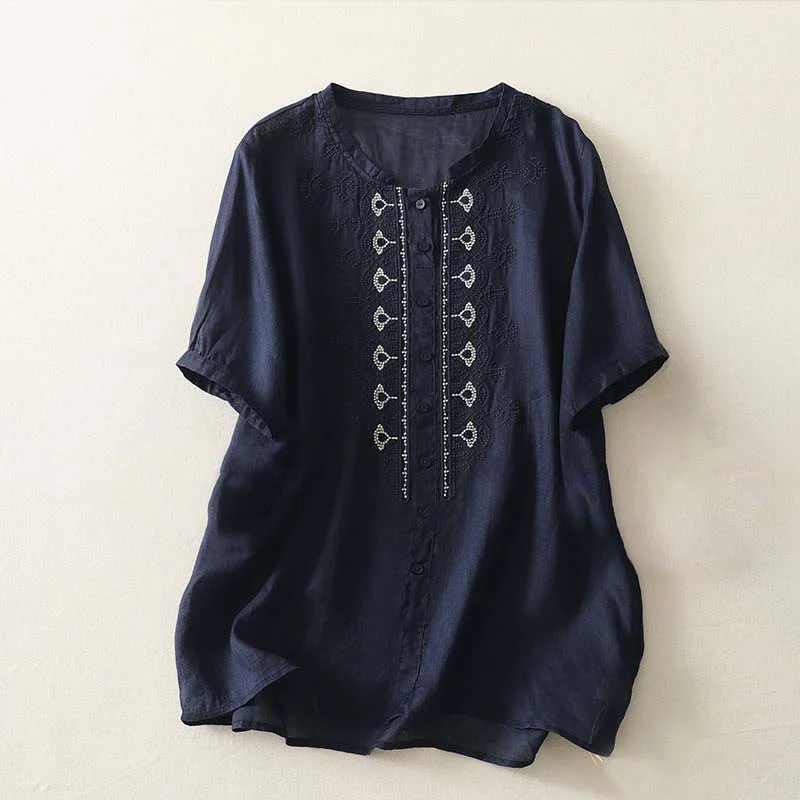 Buddha Stones Camicia da donna in poliestere con maniche corte e scollo rotondo con motivo floreale estivo