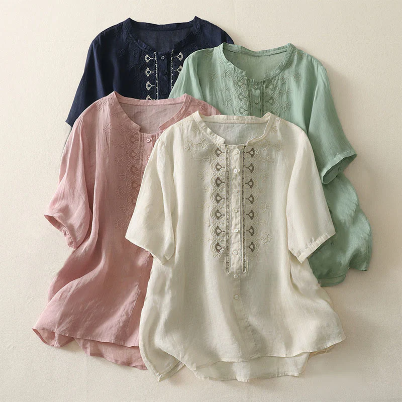 Buddha Stones Camicia da donna in poliestere con maniche corte e scollo rotondo con motivo floreale estivo - Image 24
