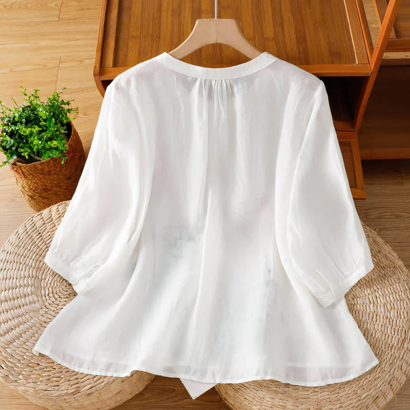 Buddha Stones Camicia da donna in poliestere con maniche corte e scollo rotondo e motivo a zucca corallo - Image 10