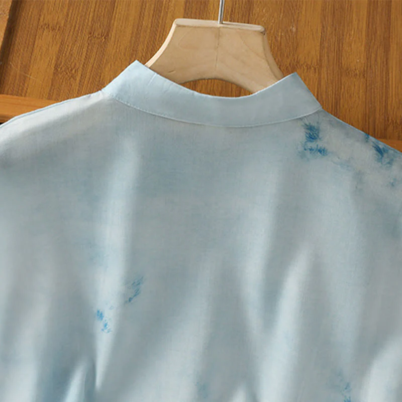 Buddha Stones Camicia da donna senza maniche con bottoni a forma di rana, azzurra - Image 5