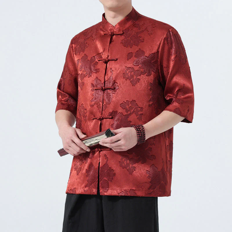 Buddha Stones Camicia da uomo a maniche a tre quarti con colletto alla coreana, bottoni a rana e motivo jacquard floreale, stile Summer Tang. - Image 22