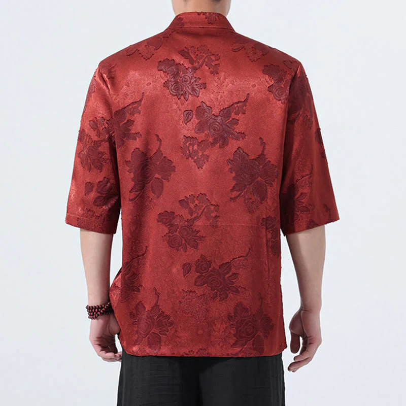 Buddha Stones Camicia da uomo a maniche a tre quarti con colletto alla coreana, bottoni a rana e motivo jacquard floreale, stile Summer Tang. - Image 26