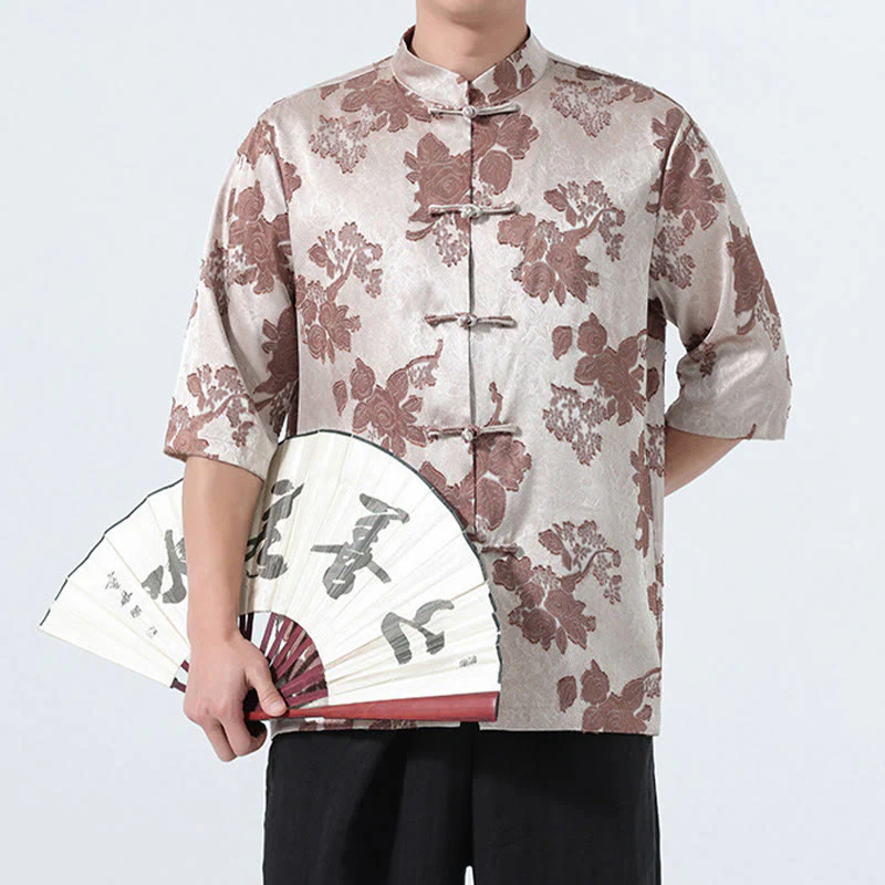 Buddha Stones Camicia da uomo a maniche a tre quarti con colletto alla coreana, bottoni a rana e motivo jacquard floreale, stile Summer Tang. - Image 3