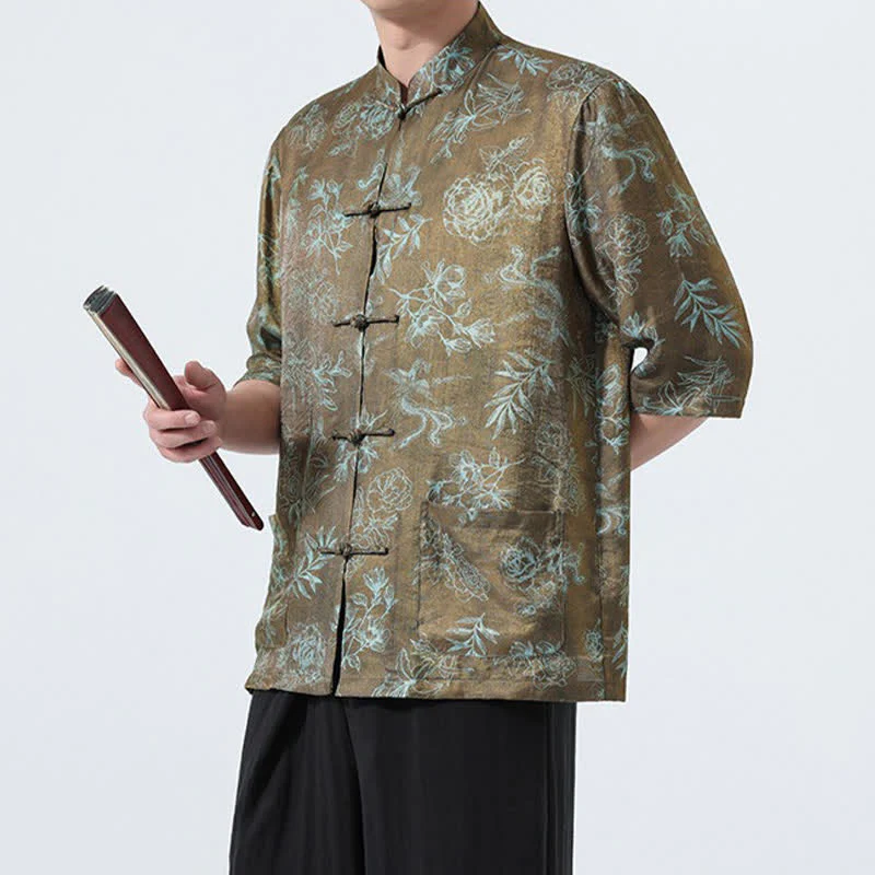 Buddha Stones Camicia da uomo a maniche a tre quarti con colletto alla coreana, bottoni a rana, stampa floreale e tasche, stile estivo Tang. - Image 13