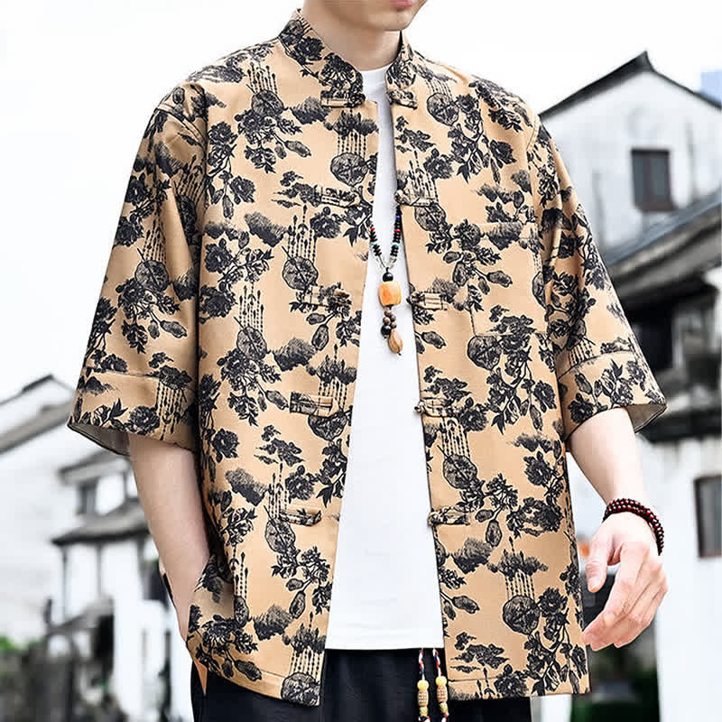 Buddha Stones Camicia da uomo a maniche a tre quarti con taschino sul petto, modello Summer Tang Style con bottoni a rana, stampa floreale, foglie e farfalle. - Image 19
