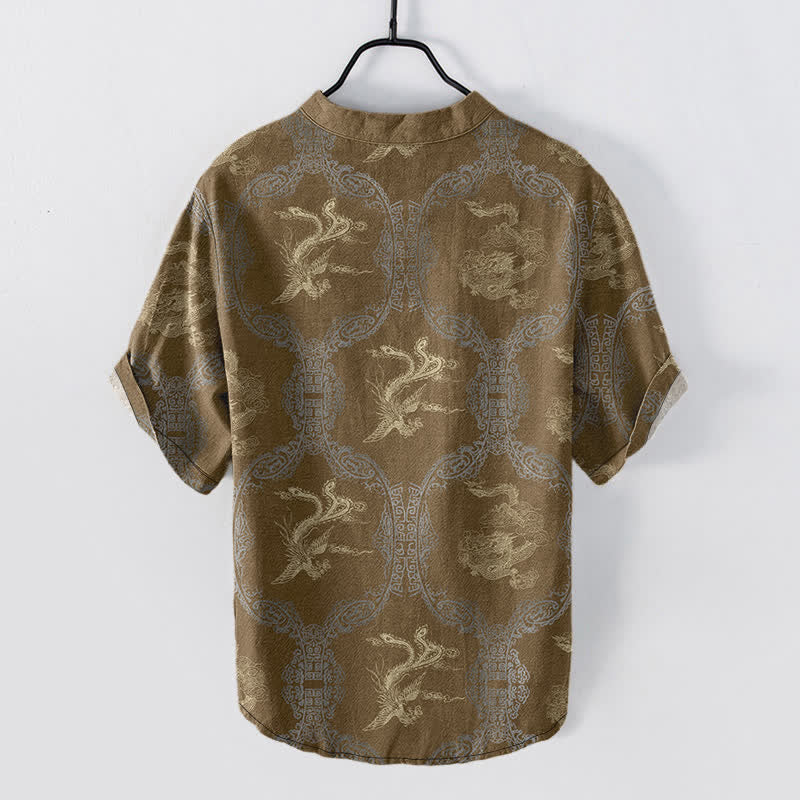 Buddha Stones Camicia da uomo a maniche corte con bottoni a metà, in cotone, con emblema del drago e della fenice. - Image 6