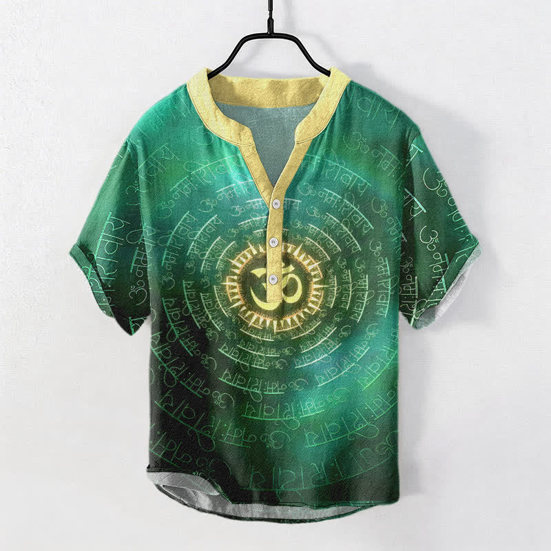 Buddha Stones Camicia da uomo a maniche corte con bottoni a metà, in cotone, con emblema del mantra Om. - Image 6