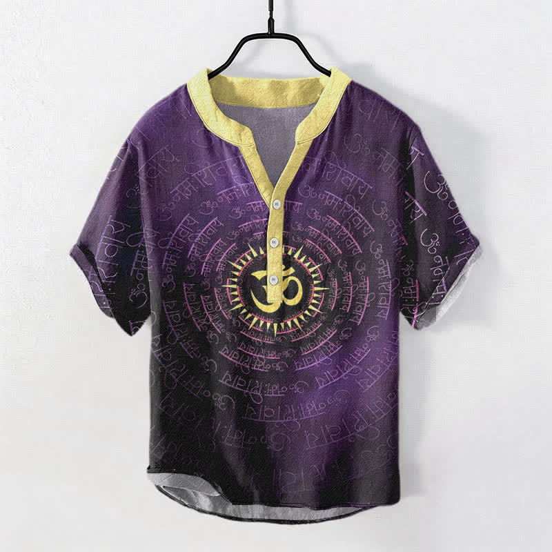 Buddha Stones Camicia da uomo a maniche corte con bottoni a metà, in cotone, con emblema del mantra Om. - Image 8