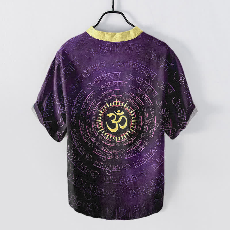Buddha Stones Camicia da uomo a maniche corte con bottoni a metà, in cotone, con emblema del mantra Om. - Image 9