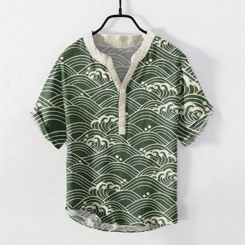 Buddha Stones Camicia da uomo a maniche corte con bottoni a metà, modello Cotton Wave Emblem. - Image 6