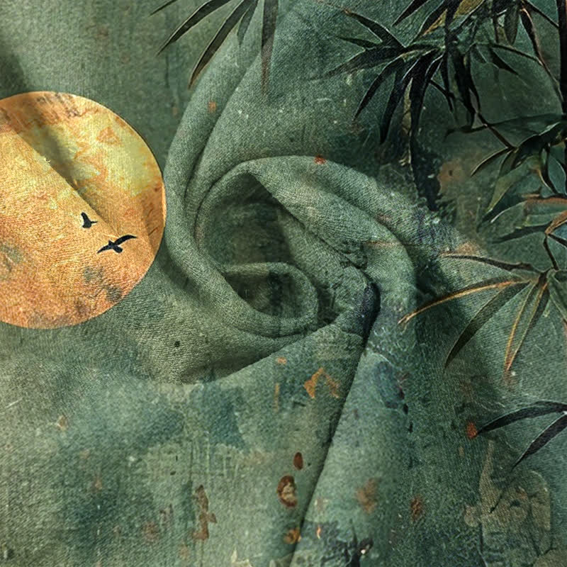 Buddha Stones Camicia da uomo a maniche corte con bottoni a mezzo bottone, stampata in cotone con motivo bambù e luna dorata. - Image 5