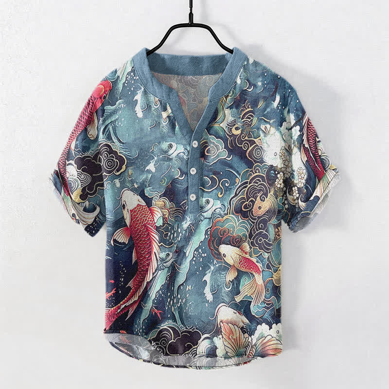 Buddha Stones Camicia da uomo a maniche corte con mezza abbottonatura e motivo a onde di pesci koi in cotone. - Image 6