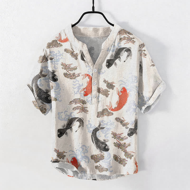 Buddha Stones Camicia da uomo a maniche corte con mezza abbottonatura e motivo a onde e pesci koi in cotone.